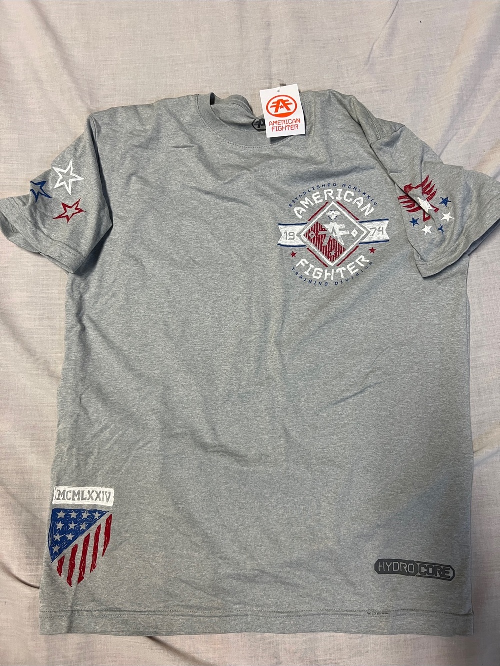 American Fighter Grey Short Sleeve Graphic Tee with Red & Blue Accents